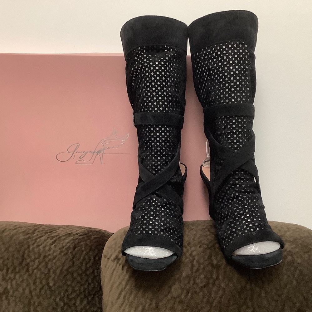 Elegant Black Wedge suede Boots, open toe and back, Size 7